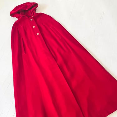 1960s Red Velvet Hooded Cape with Rhinestone Buttons 