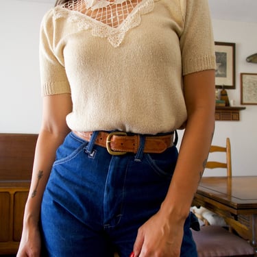 Vintage 80’s Scenario Crochet Butterfly Patterned Collar Knitted Short Sleeve Sweater Blouse 