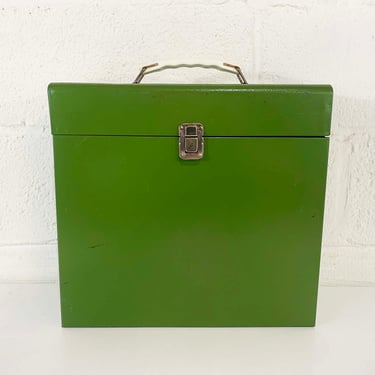 Vintage Metal LP Box Record Case Holder Storage Mid-Century Retro Music Green Mod MCM 12 inch Records Plastic Handle 1960s 