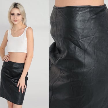 Black Leather Pencil Skirt 70s Mini Skirt Bodycon Wiggle Skirt Party Goth Punk High Waisted Retro Tight Vintage 1970s Saks Fifth Ave Small S 