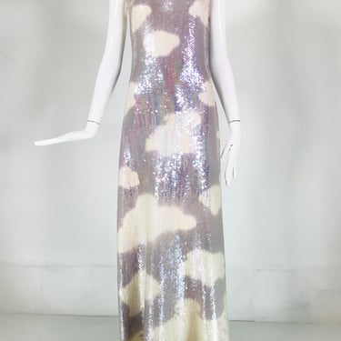 Halston Iconic Clouds Dress in Stormy Grey &amp; Cream Iridescent Sequins Mid 1970s
