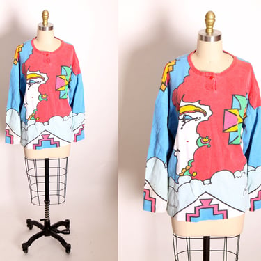 1980s 1988 Novelty Multi-Colored Woman’s Face Bedazzled Rhinestone 3/4 Length Sleeve 1960s Style Peter Max All Over Print Blouse by Neomax 