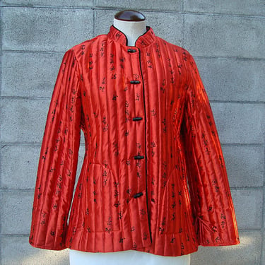 70s Quilted Jacket Vintage 1970s Shiny Red Chinese Characters Boho Coat 
