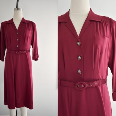 1940s Burgundy Rayon Crepe Shirtwaist Dress 