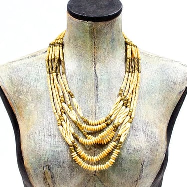 VINTAGE: 1970's - HUGE Multi Strand Brass Carved Bone Necklace - Boho - Gipsy - Hippie - Ethnic - India - SKU 5-B3-00015011 