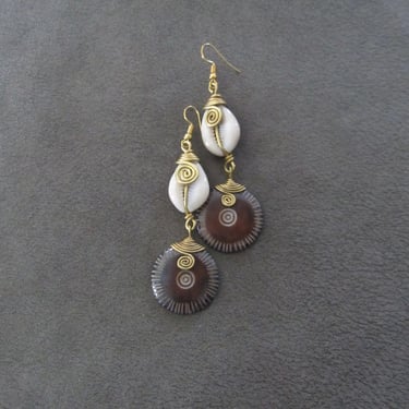 Cowrie shell and carved bone exotic earrings 