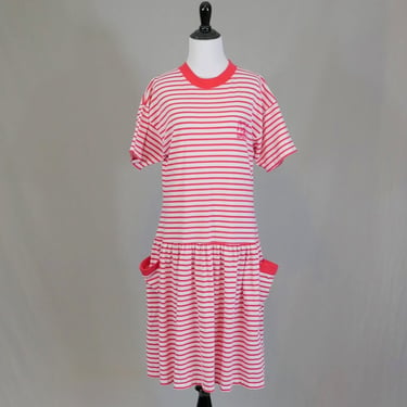 80s Pink and White Striped Knit Dress - Embroidered Design - Horizontal Stripes - Drop Waist - Jenifer V - Vintage 1980s - M 