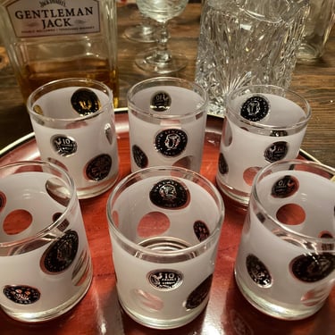 Mid-Century Fun Coins Dot Glasses ~ Lowball Glasses - Set of 6~ Mint Gift for him~ Retro Barware Set~ frosted, silver, black ~ 1950s Bar 