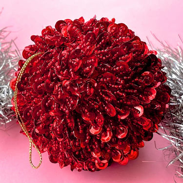 VINTAGE: Glass Beaded Sequin Ornament - Red Ornament - Handcrafted - Holiday, Christmas, Xmas 