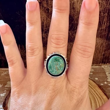 GREEN SHADOWBOX Skeets Silver & Turquoise Ring | Navajo Native American Southwestern Jewelry | Sterling Silver | Green Turquoise | Sz 6 1/2 