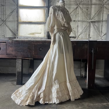 Antique Victorian Cream Silk Dress Train Beading Lace Gigot Sleeves Vintage
