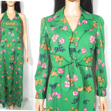 Vintage 70s Floral Halter Dress With Matching Long Sleeve Top Size XS/S 