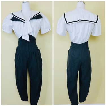 1980s Vintage Karen Alexander Black and White Sailor Jumpsuit / 80s Puffed Sleeve High Waist Nautical Playsuit / Large 