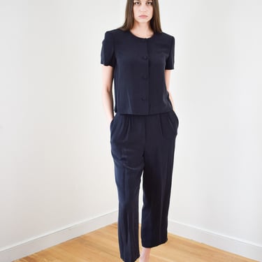 Vintage 1990s Black Silk Suit Set | S | 90s Boxy Minimalist Silk Blouse / Top and Pants /Trousers | Suit | Coordinates 
