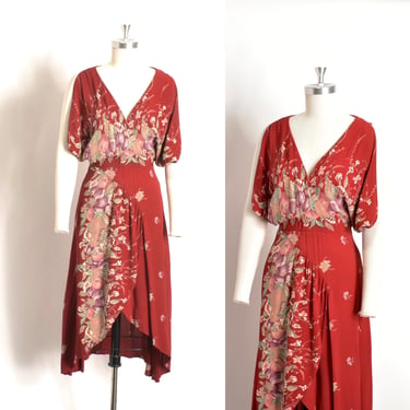 Vintage 1970s Dress / 70s Fruit Print Rayon Dress / Burgundy ( XS extra small ) 