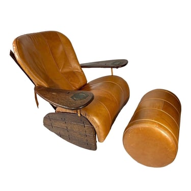 1990s Vintage Postmodern Coastal Pacific Green Palm Wood Cognac Leather Havana Rocking Chair + Ottoman Set- 2 Pieces 