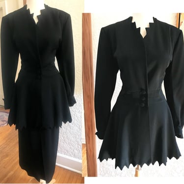 Wickedly Chic 1940's Designer Black Gabardine Suit with Amazing Dramatic Peplum -Size  Medium / Large 
