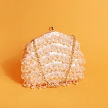 50s Off White Sequin Dangle Strappy Purse Vintage Formal Flapper Coin Purse Clutch 
