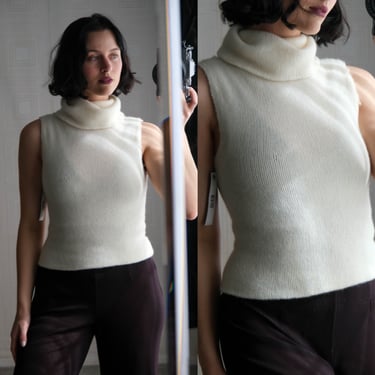 Vintage 90s DONNA KARAN Black Label Cream Cashmere Cropped Turtleneck Tank Sweater Unworn w/ Tags | 100% Cashmere | 1990s DKNY Designer 