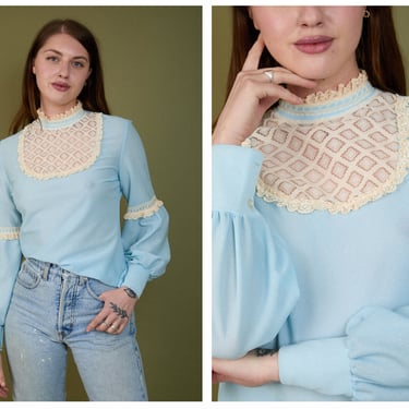 Vintage 1970s 70s Powder Blue Long Sleeve Blouse w/ Lace Crochet Bib, Bishop Sleeves 
