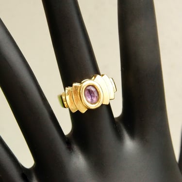 Vintage Modernist 14K Gold Amethyst Gemstone Cocktail Ring, Tiered Yellow Gold Saddle Ring, Bezel-Set Faceted Purple Gemstone, Size 6 3/4 US 