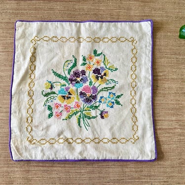 Vintage Floral Pansy Cross Stitch Pillow Case - Hand Made 