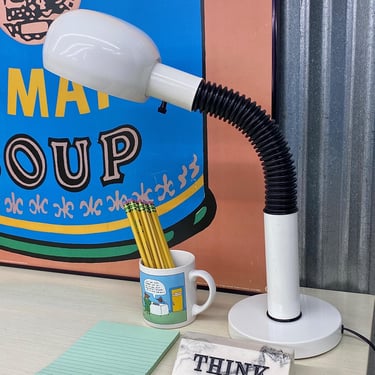 Vintage Desk Lamp Retro 1980s Basic Concept + White + Black + Elbow + Duct Hose + Adjustable Goose Neck + Mood Lighting + Home Decor 