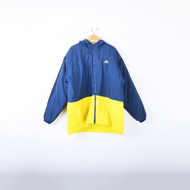 90s Adidas Blue & Yellow Hooded Puffer Jacket - vintage, streetwear, athletic 