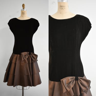 1980s Brown Velvet and Taffeta Tiered Cocktail Dress 