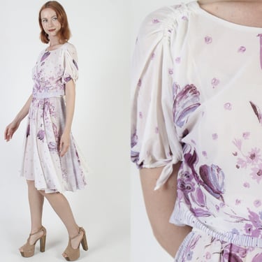 70s Thin Purple Floral Dress / Sheer Flower Full Draped Frock / Lightweight Airy Midi Sundress 