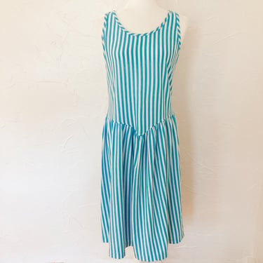 70s/80s Turquoise and White Vertical Striped Sleeveless Dress | Medium 