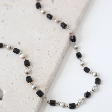 Vintage 50s faux pearl + black glass jeweled choker necklace 