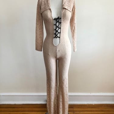 Sheer, Tan Lace Lace-Up Catsuit/Jumpsuit - 1990s 