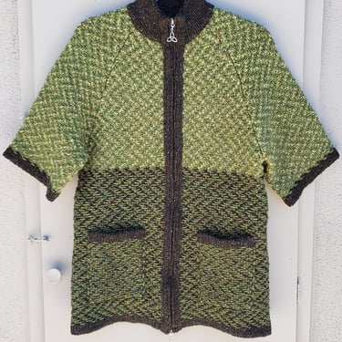 Vintage Sweater Aran Crafts sz Small Green Zip Up Unique Vintage 
