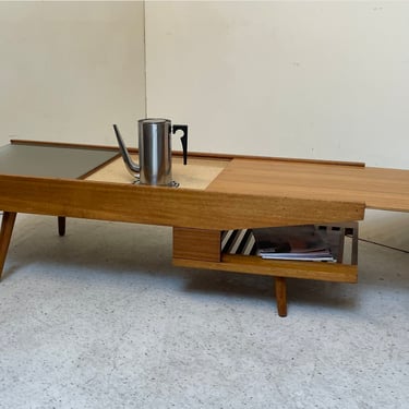 Coffee Table with Pot Warmer | John Keal for Brown-Saltman expandable table | formica, magazine rack, mist glass 