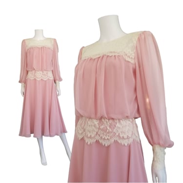 Vintage Pink Chiffon Dress, Small / 1980s Sheer Swing Dress / Victorian Inspired Tea Dress / Eyelash Lace Trim Romantic Wedding Guest Dress 