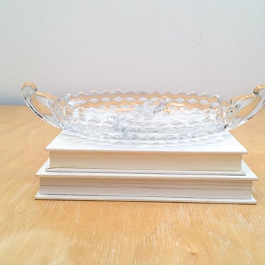 Divided Glass Serving Dish with Handles, Vintage Diamond Cut Heavy Glass Appetizer Platter with Sawtooth Edge 