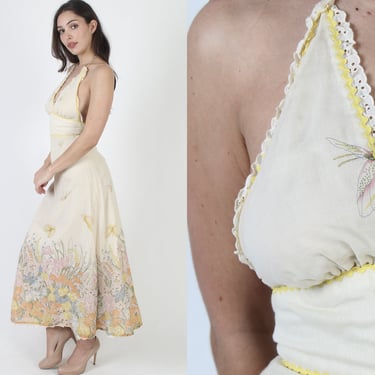 70s Butterfly Print Halter Dress, Retro Prairie Garden Style, Low Cut Spaghetti Strap Party Maxi Dress 