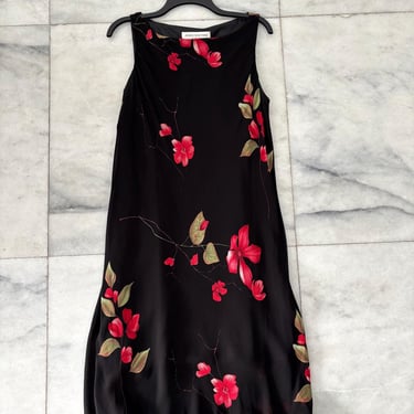 90s Vintage Jones New York Dress Black Red Floral Midi Length Lined Womens 16 Whimsigoth 