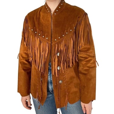 Vintage 1970s Womens Brown Suede Leather Fringe Western Shirt Jacket Sz M 