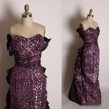 1980s Dark Purple Strapless Full Length Formal Cocktail Sequin Bustle Bombshell Wiggle Dress by Gunne Sax Jessica McClintock -XS 