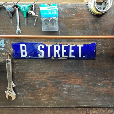 1920s Vintage Blue Porcelain White Letters B.STREET Sign Vintage Antique Steel Enamel 
