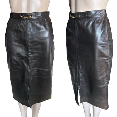 Vintage 1970’s CELINE Leather Skirt - Chocolate Brown Leather Pencil Skirt w/ Gold Chain Detail - size XS Extra Small 