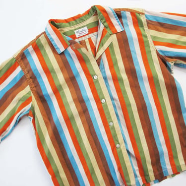 Vintage 60s Womens Striped Blouse S - 1960s Brown Orange Avocado Green Surfy Beach Boys Collared Cotton Button Up Shirt 