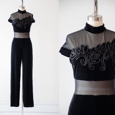 black velvet jumpsuit | 90s y2k vintage sleeveless sheer mesh cutout high collar jumpsuit 