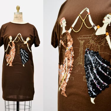 80s Vintage T Shirt Tunic Brown Beaded George Barbier Fashion Illustration Printed Sequin Beaded Erte Top Shirt French Art DIDIER RONSARD 