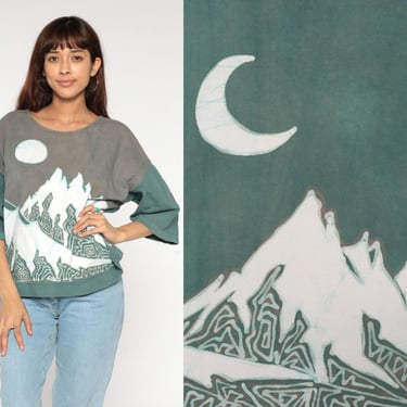 Celestial Shirt 90s Moon Mountains Graphic Tee Full Crescent Moon Phases T-Shirt Landscape Front Back Print 1990s Vintage Small Medium Large 