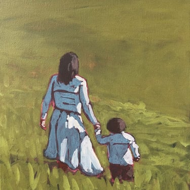 Woman and Child in Field #2 |  Original Painting on Canvas, 12"x16" 
