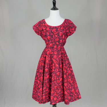 50s Red Leaf Print Dress - Rhinestones - Full Skirt - Vintage 1950s - S 