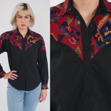 Southwestern Shirt 90s Black Button Up Blouse Collared Western Shirt Red Geometric Print Yoke Rodeo Long Sleeve Top Vintage 1990s Small S 
